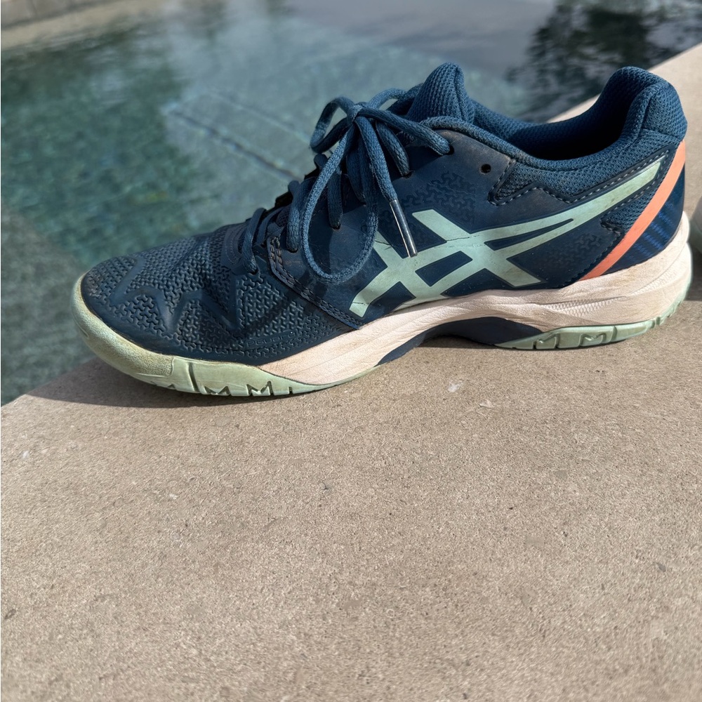 Asics Gel Resolution 8 Kids Blue Sneakers with Mint and Peach Accents - Picture 6 of 10